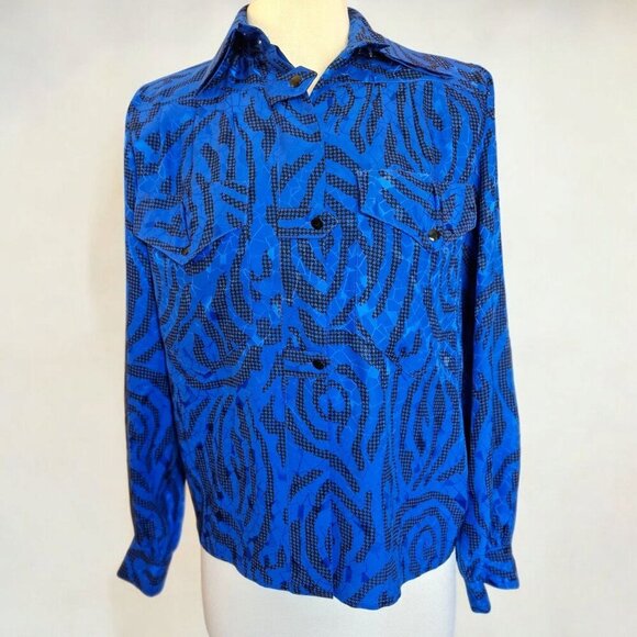Francesca of Damon for Starington Silk Blouse – Blue/Black Abstract, Sz 6 - Picture 2 of 12
